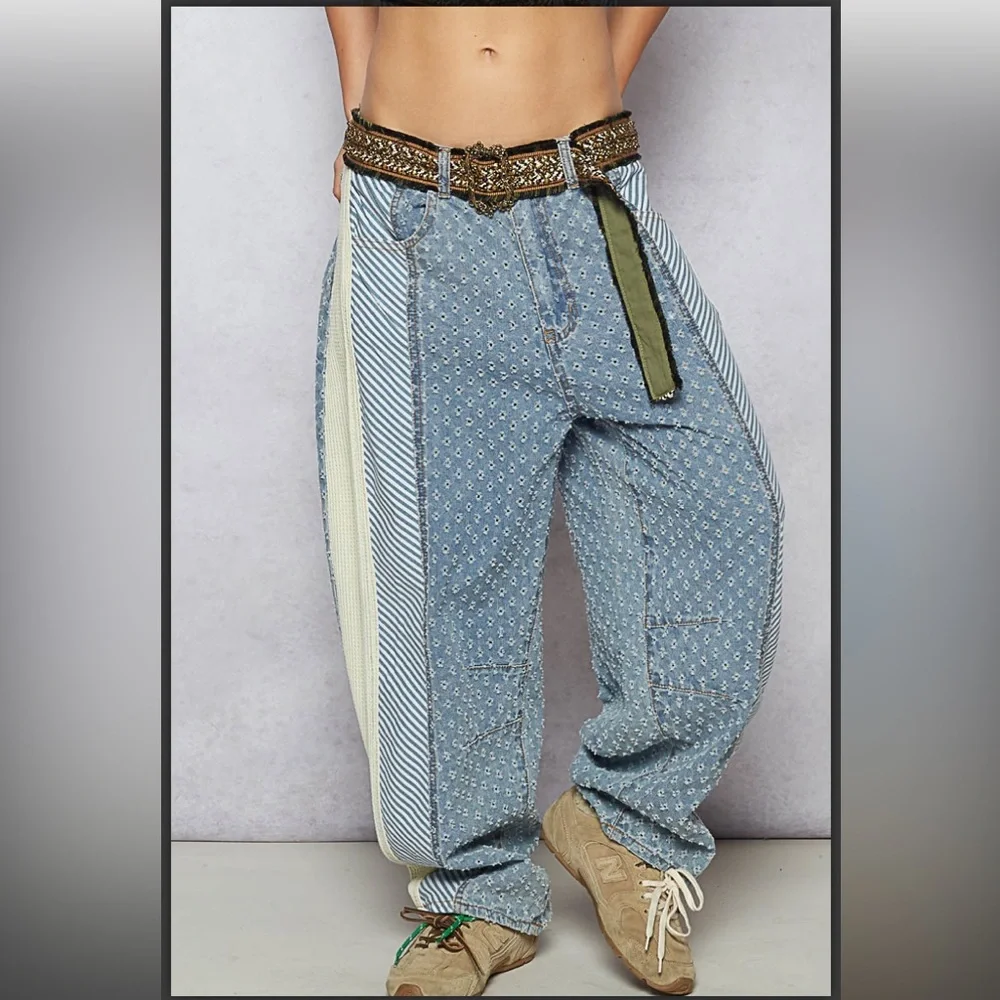 POL Patterned Denim Boyfriend Style Pants with Laser Cut Accents - Picture 1 of 4